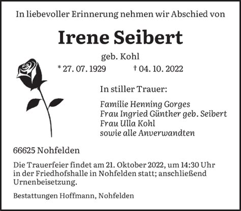 Traueranzeigen Von Irene Seibert Saarbruecker Zeitung Trauer De