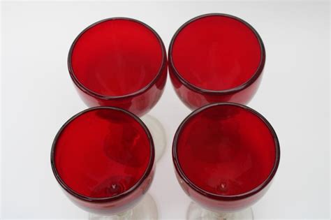 Big Chunky Boho Style Hand Blown Glass Goblets Ruby Red W Clear Stem Wine Glasses