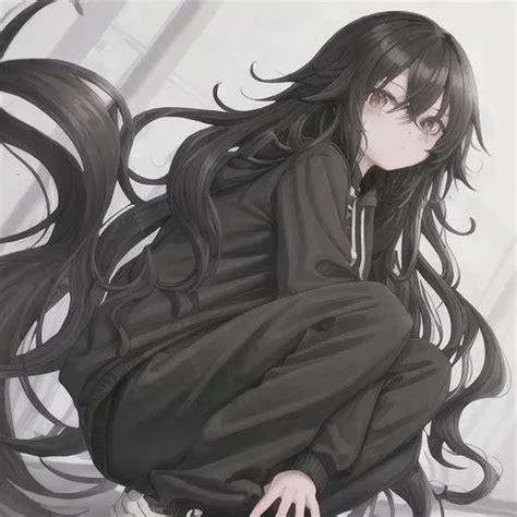 Long Black Wavy Hair Brown Eyes Black Hoodie Girl Bl Openart