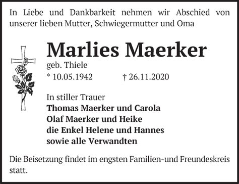 Traueranzeigen Von Marlies Maerker M Rkische Onlinezeitung Trauerportal