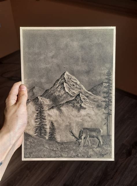 Mountain Landscape Charcoal Drawing, Original Drawing, Original ...