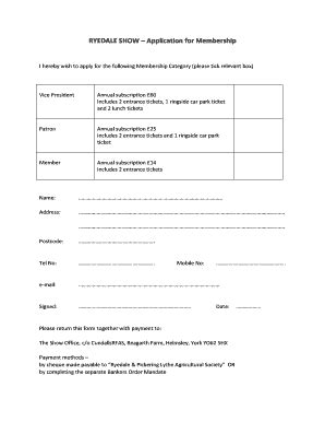 Fillable Online Ryedaleshow Org RYEDALE SHOW Application For Membership