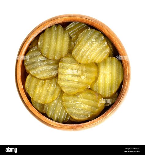 Burger Gherkin Slices In A Wooden Bowl Pickled Cucumbers Cut In