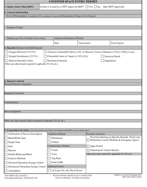 Af Form Confined Spaces Entry Permit Finder Doc