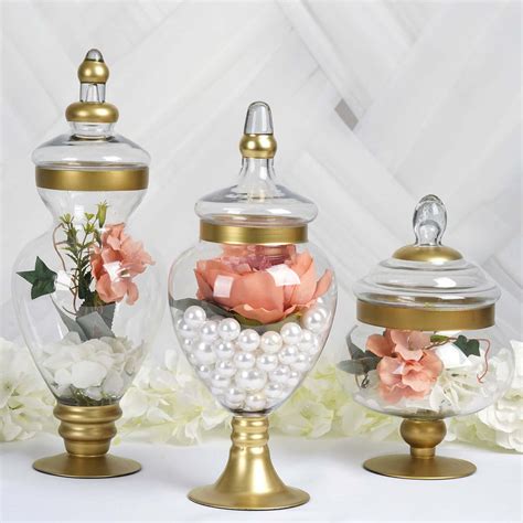 Set of 3 Gold Trimmed Glass Apothecary Candy Jars With Lids -10"/14"/16 ...