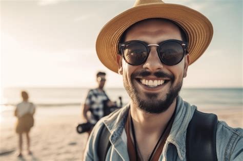 Premium Ai Image A Man Wearing A Hat And Sunglasses Stands On A Beach With A Man In A Hat And