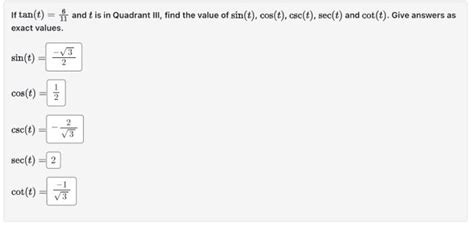 Solved If Tan T And T Is In Quadrant Iii Find The Chegg