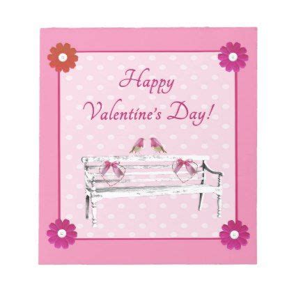 White Valentine Pink And White Birds On Bench Heart Notepad