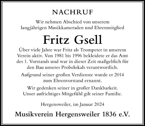 Traueranzeigen von Fritz Gsell Allgäuer Zeitung