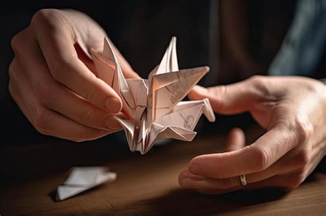 Persona doblando papel en un intrincado y delicado pájaro de origami