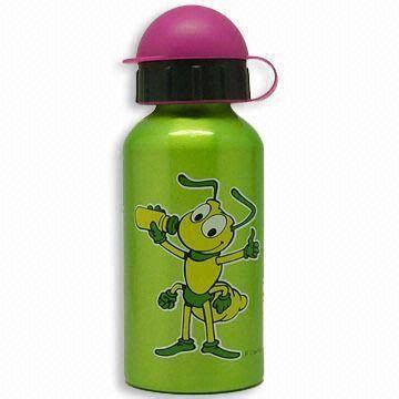 A Green And Pink Water Bottle With A Cartoon Character On The Front