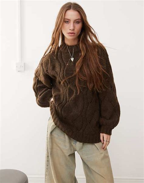 Monki Oversized Crew Neck Cable Knitted Sweater In Brown Asos