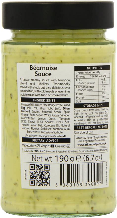 Atkins And Potts Bernaise Sauce 190g Rich And Flavorful Bearnaise Sauce