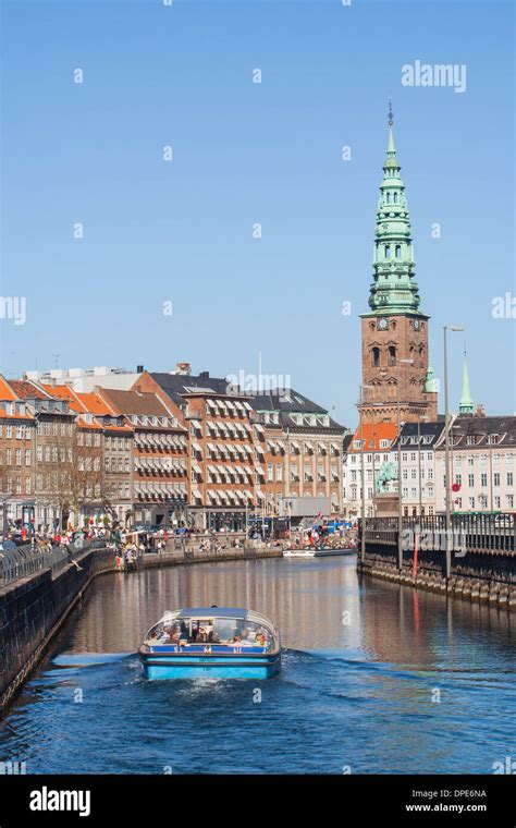 View Up Frederiksholms Canal Towards Nikolaj Church Copenhagen