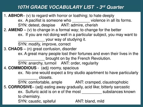 Ppt Th Grade Vocabulary List Rd Quarter Powerpoint Presentation