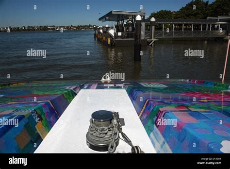 Brisbane, Australia: CityCat ferry approaches Teneriffe wharf on the ...