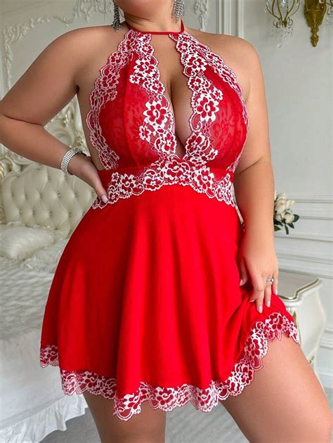 Pcs Set Plus Size Two Tone Lace Trimmed Backless Halter Neck Lingerie