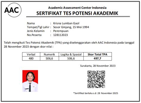 Sertifikat Tpa Krisna Lumban Gaol Tes Tpa Pt Academic Assessment Center