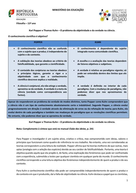 Síntese Objetividade da ciência Popper e Kuhn MINISTÉRIO DA EDUCAÇÃO