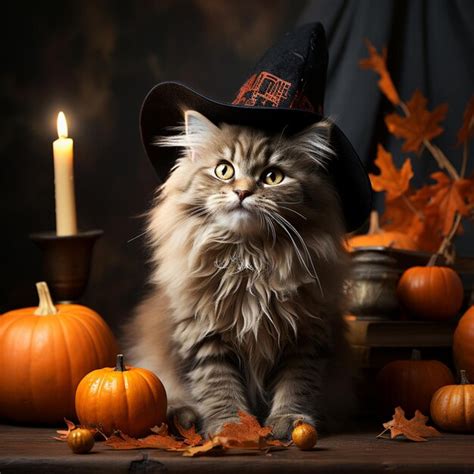 Premium AI Image Araffy Cat Wearing A Witch Hat Sitting In Front Of