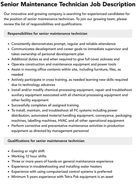 Senior Maintenance Technician Job Description Velvet Jobs