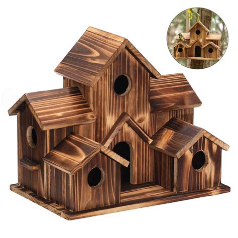 Outside Wooden Bird Houses Hanging 6 Hole Handmade Natural Bird House