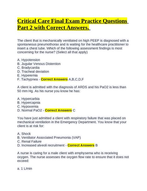 Critical Care Final Exam Practice Questions Part With Correct Answers