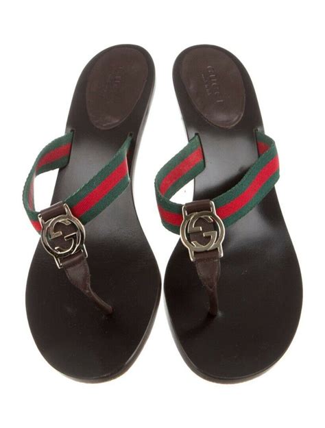 Gucci Brown Interlocking Gg Logo Web Stripe Canvas Thong Sandals Heels