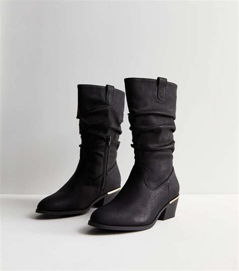 Black Leather Look Mid Calf Slouchy Boots New Look