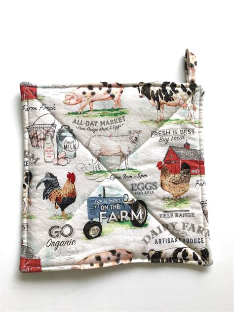 Farm Print Potholder Set Farmhouse Hot Pads Farm Market Etsy