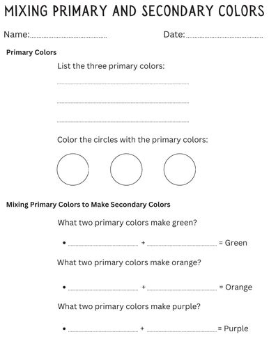 Printable Mixing Primary And Secondary Colors Worksheet For