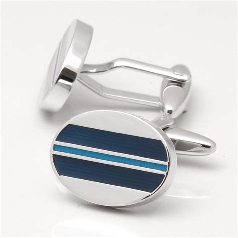 Oval Navy And Light Blue Enamel Stripe Cufflinks By Badger And Brownbadger