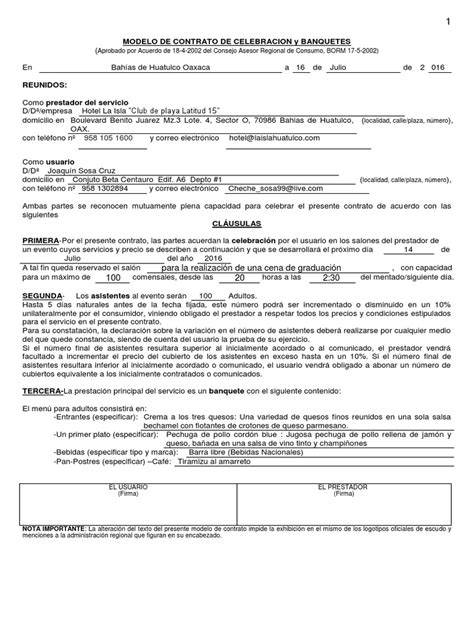 Contrato De Banquete Y Salon Pdf