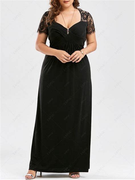 2018 Plus Size Empire Waist Lace Panel Dress In Black 5xl Zaful