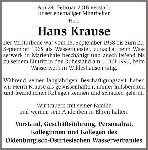 Traueranzeigen Von Hans Krause Trauer Kreiszeitung De