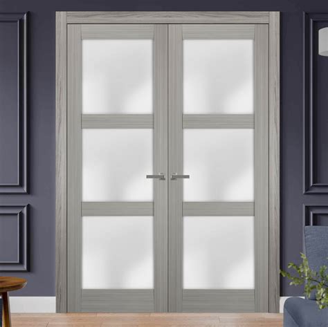 Solid French Double Doors Frosted Glass | Lucia 2552 Grey Ash | Wood