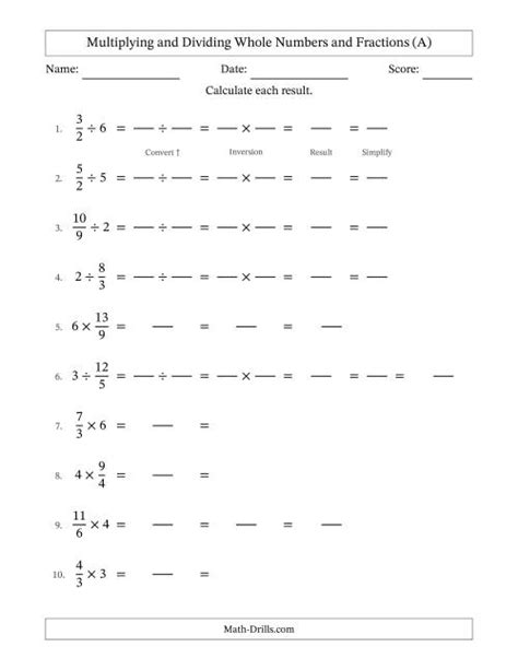 Multiplying And Dividing Improper Fractions And Whole Numbers With All Simplifying Fillable A