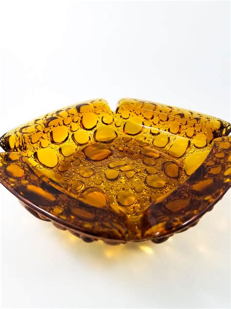 Fabulous Square Amber Bubble Glass Blenko Ashtraytrinket Dish Large Amber Glass Bubble Ashtray