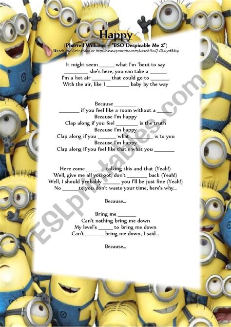 Happy - Pharrell Williams (BSO from "Despicable Me 2") - ESL worksheet ...