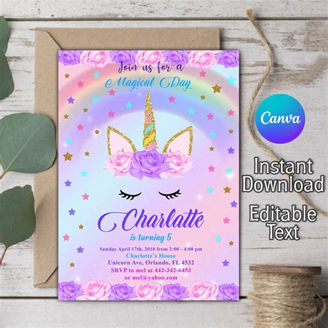 Unicorn Invitation, Unicorn Birthday Invitation Printable, Floral Unicorn Party Invite, Magical ...