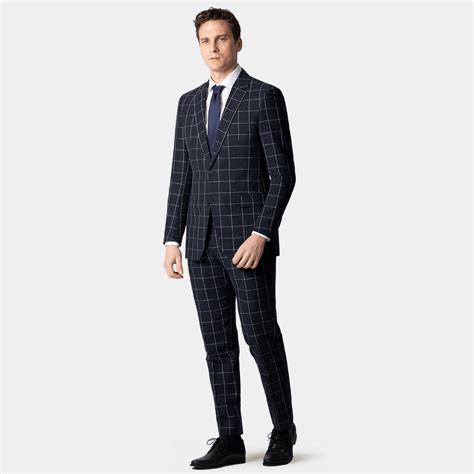 Vestito Uomo Blu Marino A Quadri Windowpane Di Lino Cotone Hockerty