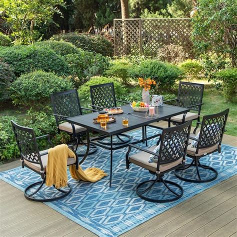 PHI VILLA 7 Piece Metal Outdoor Patio Outdoor Dining Set With Rectangle