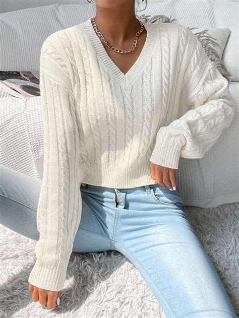 SHEIN Frenchy V Neck Cable Knit Jumper SHEIN UK