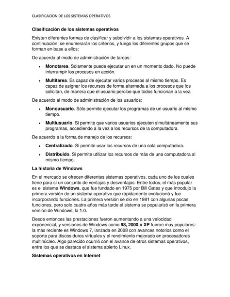 Clasificaci N De Los Sistemas Operativos Clasificacion De Los