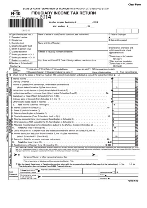 Fillable Form N 40 Fiduciary Income Tax Return 2014 Printable Pdf