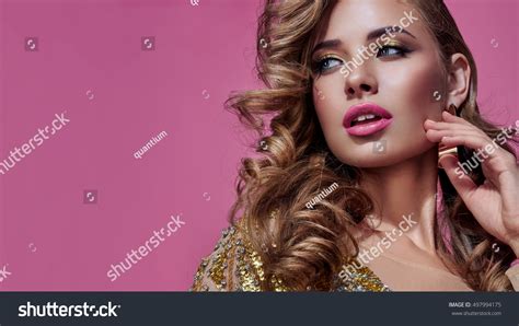 Beautiful Woman Blonde Fashion Model Gold Stock Photo 497994175