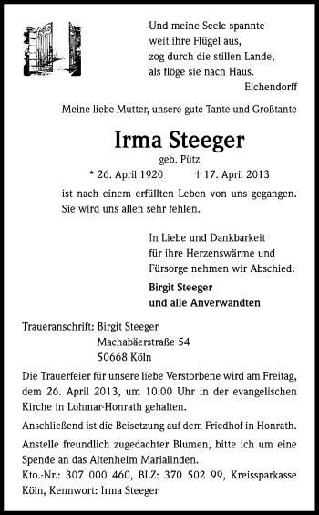 Traueranzeigen Von Irma Steeger Wirtrauern