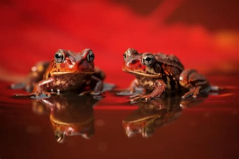 Dos Ranas Se Sientan En Una Superficie Reflectante Con Un Fondo Rojo