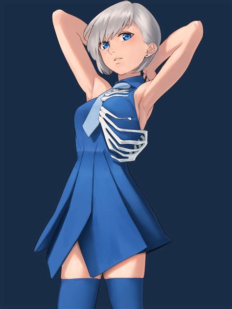 Safebooru 1girl Amino Tn7135 Armpits Arms Behind Head Bare Shoulders Blue Blue Background