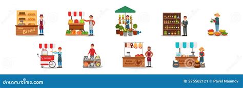 Man And Woman Vendor Standing At Street Booth Or Stall With Food Vector